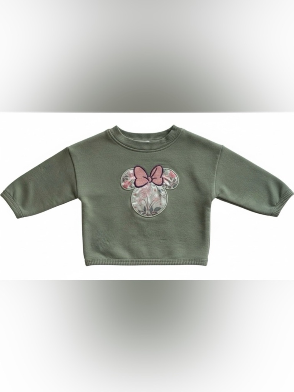 Disney | Green Floral Minnie Mouse Sweatshirt with Pink Bow Design